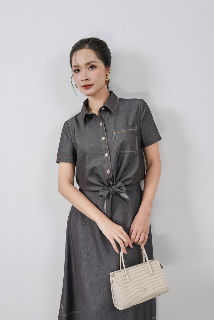 FJD33450 - Chân váy dài vải demin dáng A cạp sau phối chun gấu váy có hoạ tiết đường chỉ - PANTIO