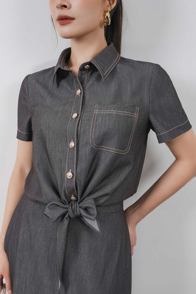 FJD33450 - Chân váy dài vải demin dáng A cạp sau phối chun gấu váy có hoạ tiết đường chỉ - PANTIO