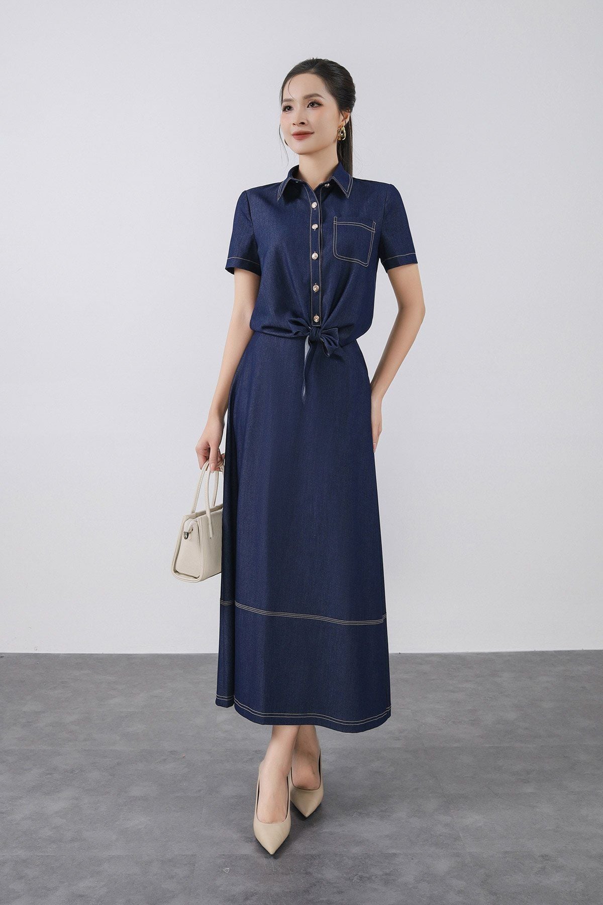 FJD33450 - Chân váy dài vải demin dáng A cạp sau phối chun gấu váy có hoạ tiết đường chỉ - PANTIO