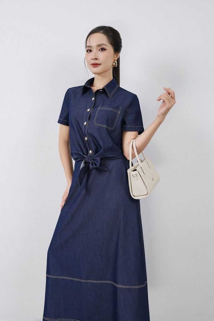 FJD33450 - Chân váy dài vải demin dáng A cạp sau phối chun gấu váy có hoạ tiết đường chỉ - PANTIO