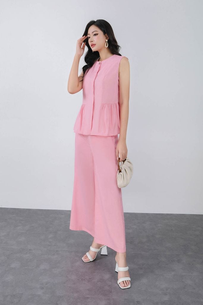 BAS33456 - Áo sơ mi kiểu vải linen dáng suông cổ tròn không tay thân áo xếp nhún tạo xoè - PANTIO