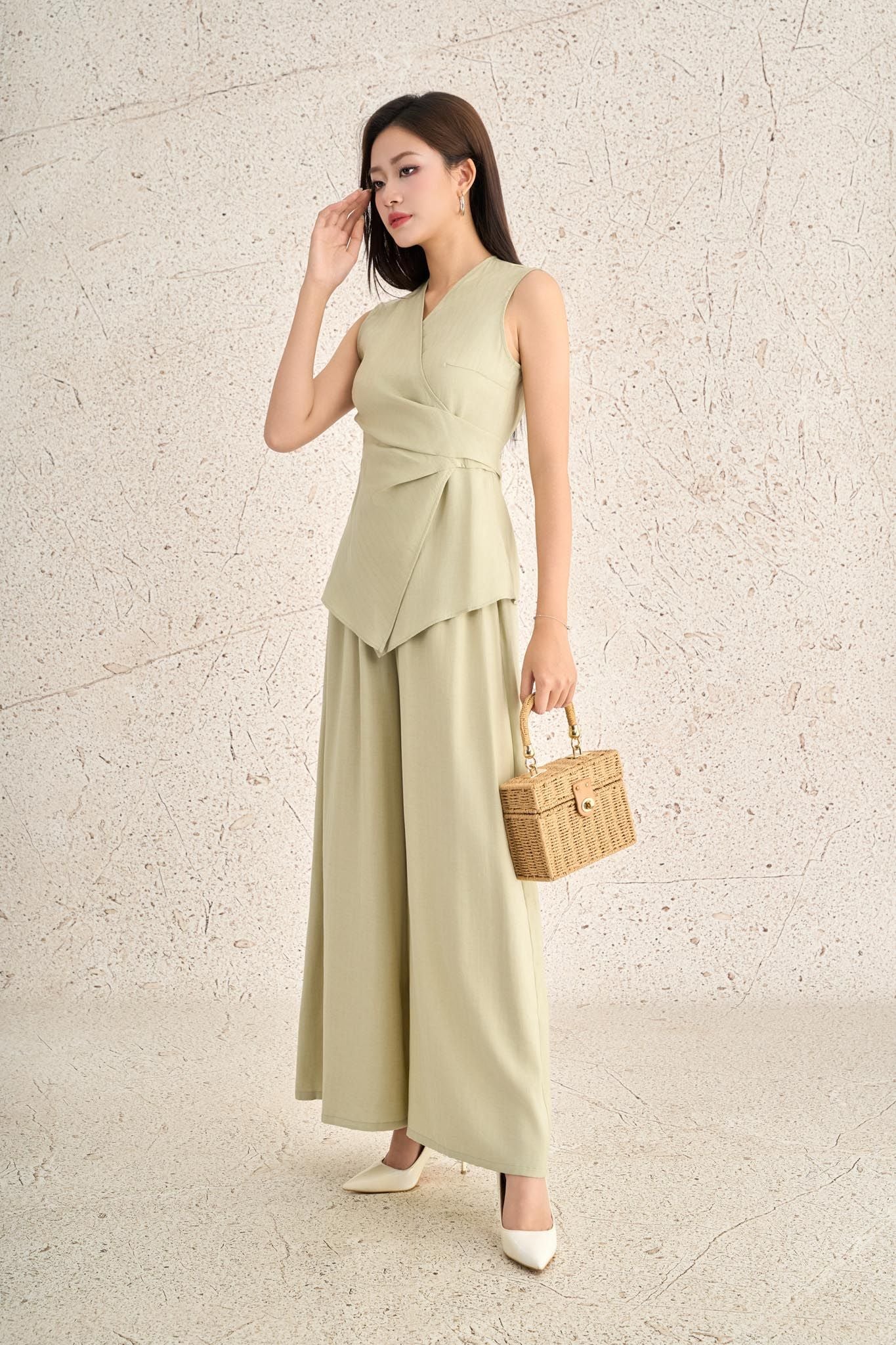 BQD33468 - Quần dài dạo phố vải thô mỏng dáng suông ống rộng cạp chun co giãn - PANTIO