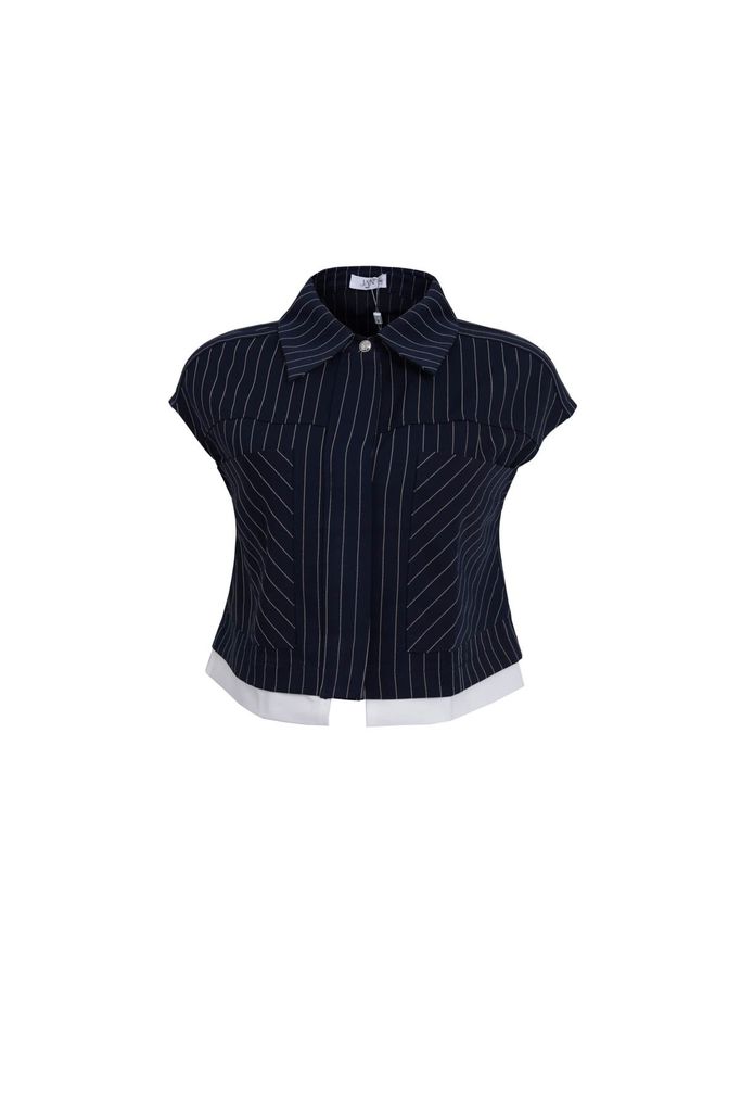 BAS33518 - Áo sơ mi vải thô kẻ dáng croptop cổ đức vai chờm thân áo có túi hộp to tạo kiểu - JAN.