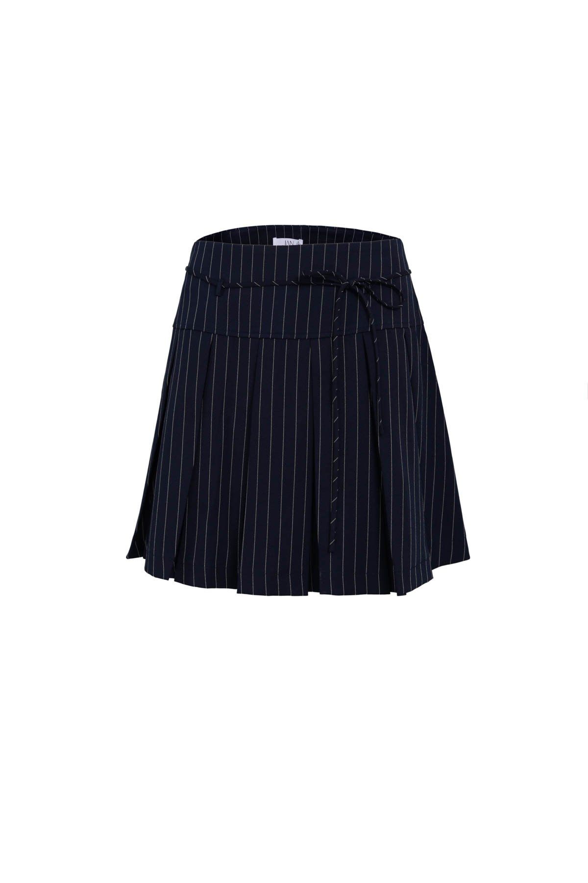 BJN33518 - Chân váy ngắn vải thô kẻ cạp cao thân váy xếp ly tạo kiểu - JAN.