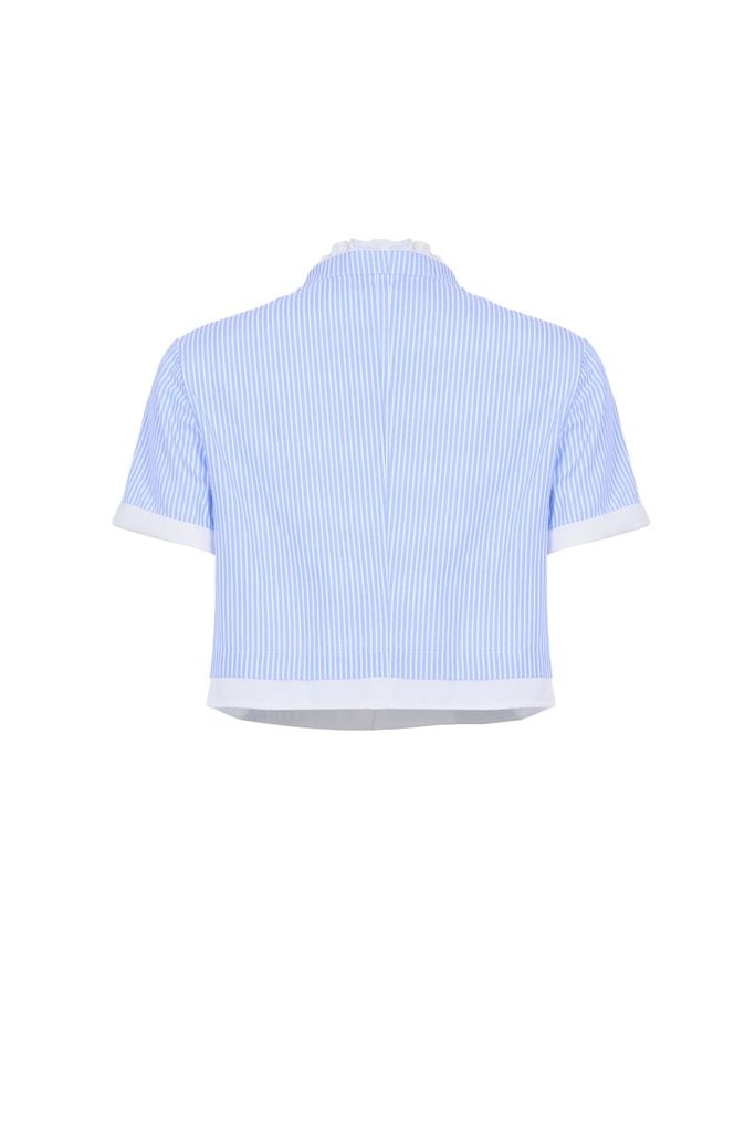 BAS33544 - Áo sơ mi kiểu vải thô kẻ dáng lửng cổ cao phối nơ tay ngắn thân áo phối viền tạo kiểu cài khuy trước - JAN.