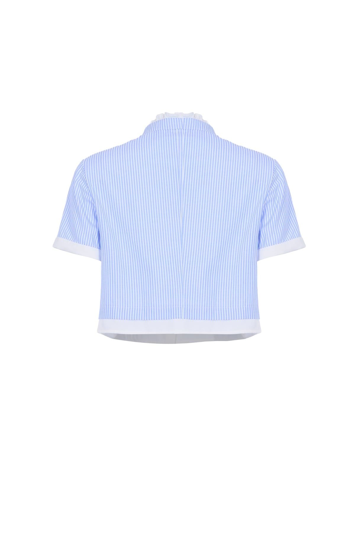 BAS33544 - Áo sơ mi kiểu vải thô kẻ dáng lửng cổ cao phối nơ tay ngắn thân áo phối viền tạo kiểu cài khuy trước - JAN.