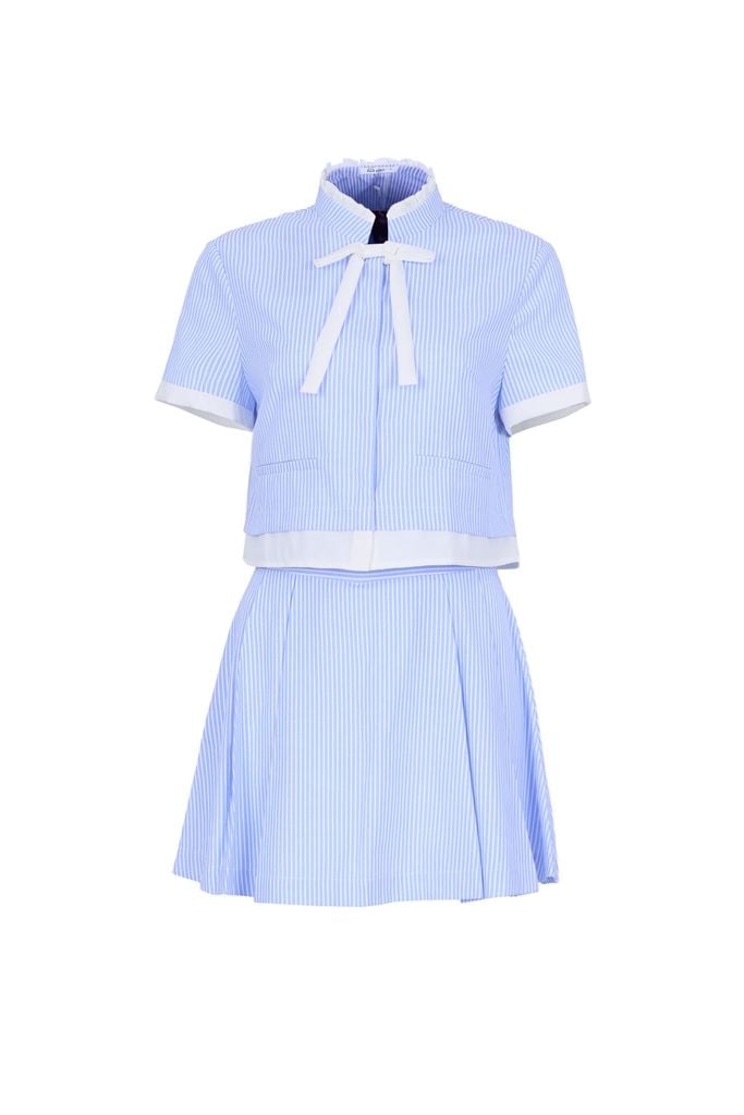 BAS33544 - Áo sơ mi kiểu vải thô kẻ dáng lửng cổ cao phối nơ tay ngắn thân áo phối viền tạo kiểu cài khuy trước - JAN.