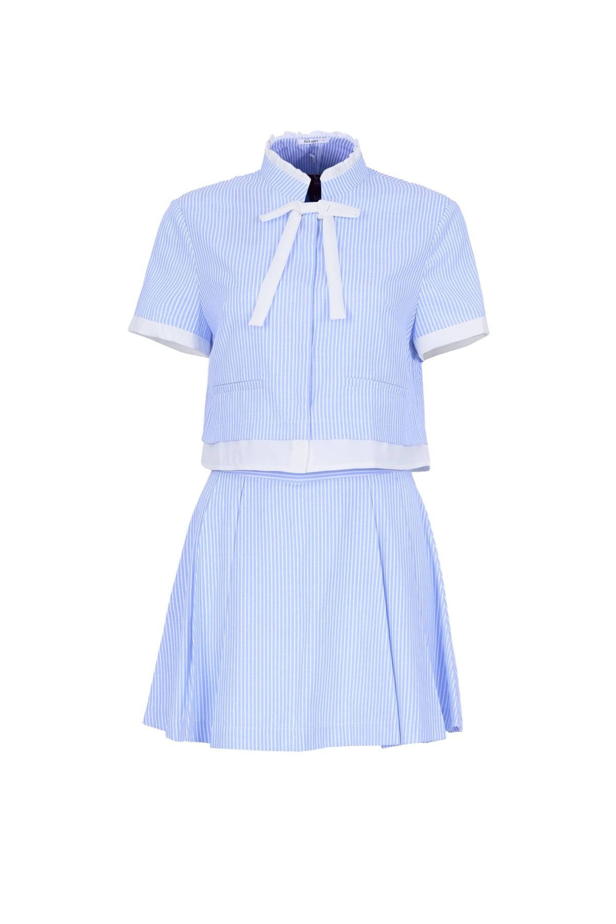 BAS33544 - Áo sơ mi kiểu vải thô kẻ dáng lửng cổ cao phối nơ tay ngắn thân áo phối viền tạo kiểu cài khuy trước - JAN.