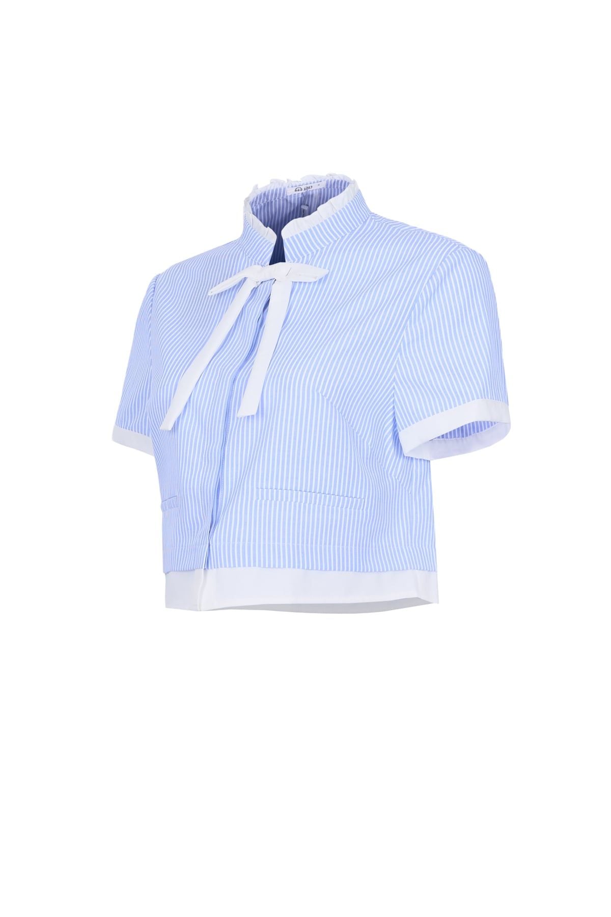 BAS33544 - Áo sơ mi kiểu vải thô kẻ dáng lửng cổ cao phối nơ tay ngắn thân áo phối viền tạo kiểu cài khuy trước - JAN.