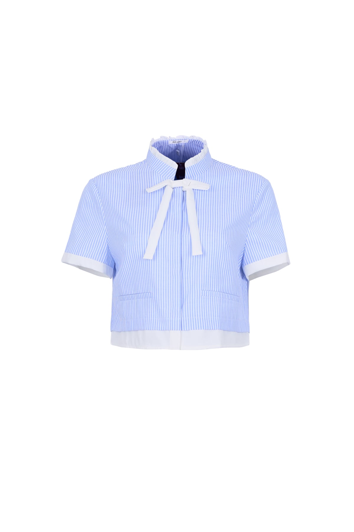 BAS33544 - Áo sơ mi kiểu vải thô kẻ dáng lửng cổ cao phối nơ tay ngắn thân áo phối viền tạo kiểu cài khuy trước - JAN.