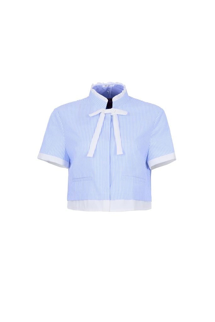 BAS33544 - Áo sơ mi kiểu vải thô kẻ dáng lửng cổ cao phối nơ tay ngắn thân áo phối viền tạo kiểu cài khuy trước - JAN.