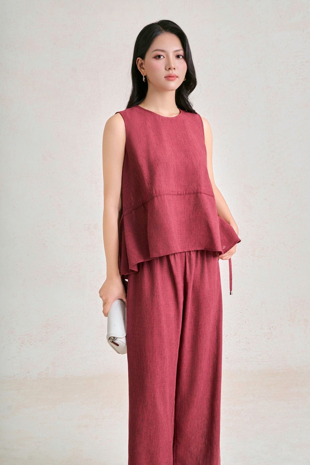 BQD33671 - Quần dài dạo phố vải thô đũi dáng suông ống rộng cạp chun co giãn tạo kiểu - PANTIO