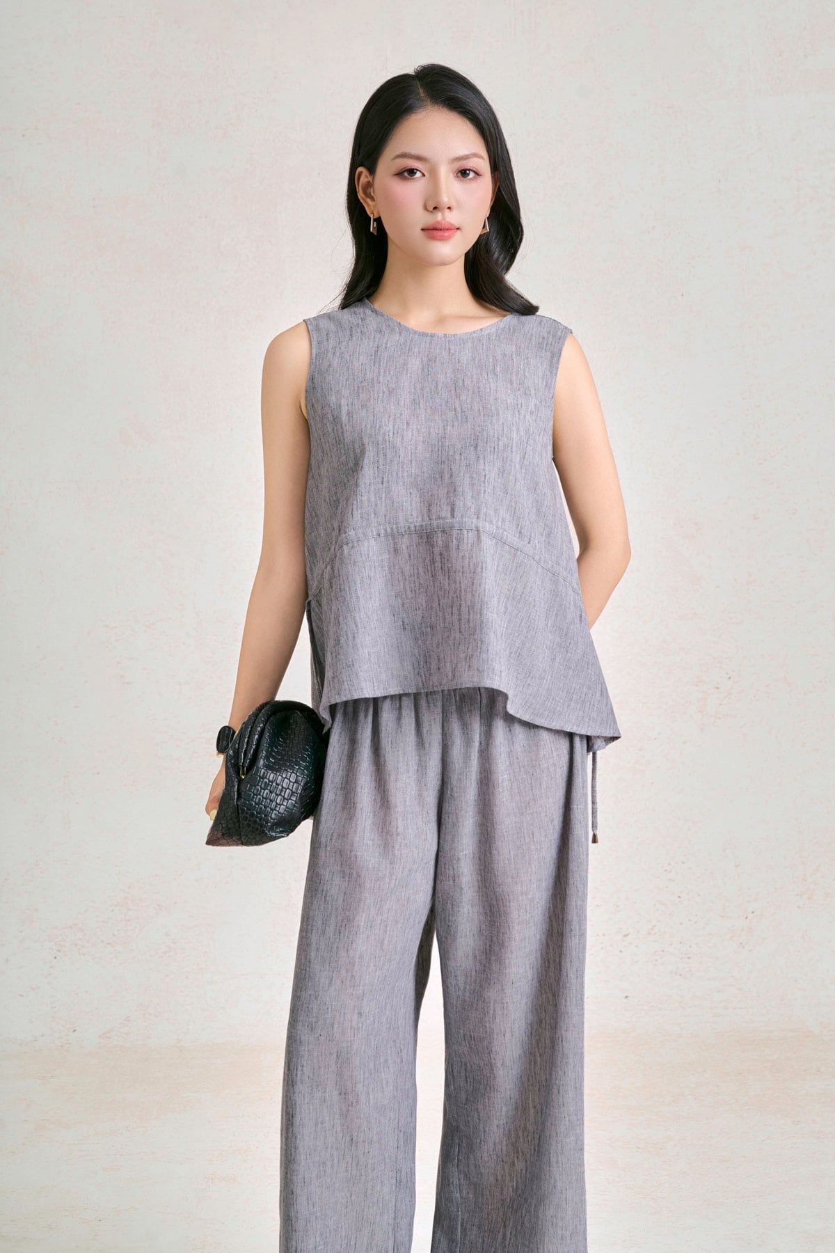 BQD33671 - Quần dài dạo phố vải thô đũi dáng suông ống rộng cạp chun co giãn tạo kiểu - PANTIO