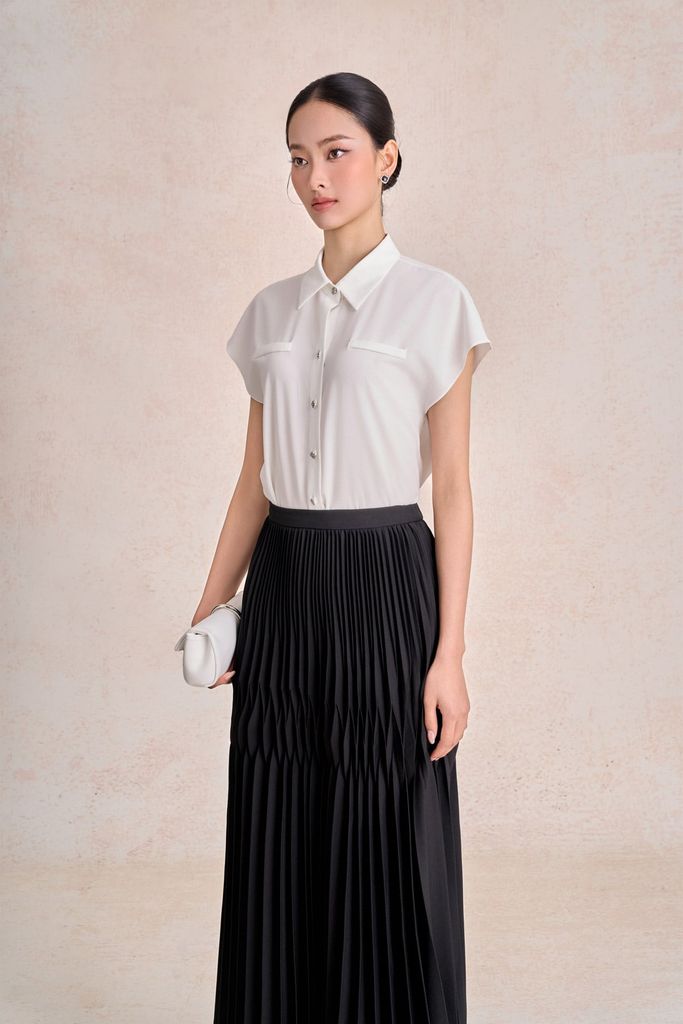 BAS33721 - Áo sơ mi công sở vải thô mỏng dáng suông cổ đức tay chờm cài khuy thân trước - PANTIO