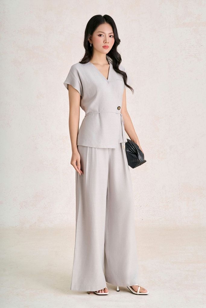 BQD33777 - Quần dài công sở vải thô đũi dáng suông ống rộng cạp phối chun thời trang - PANTIO