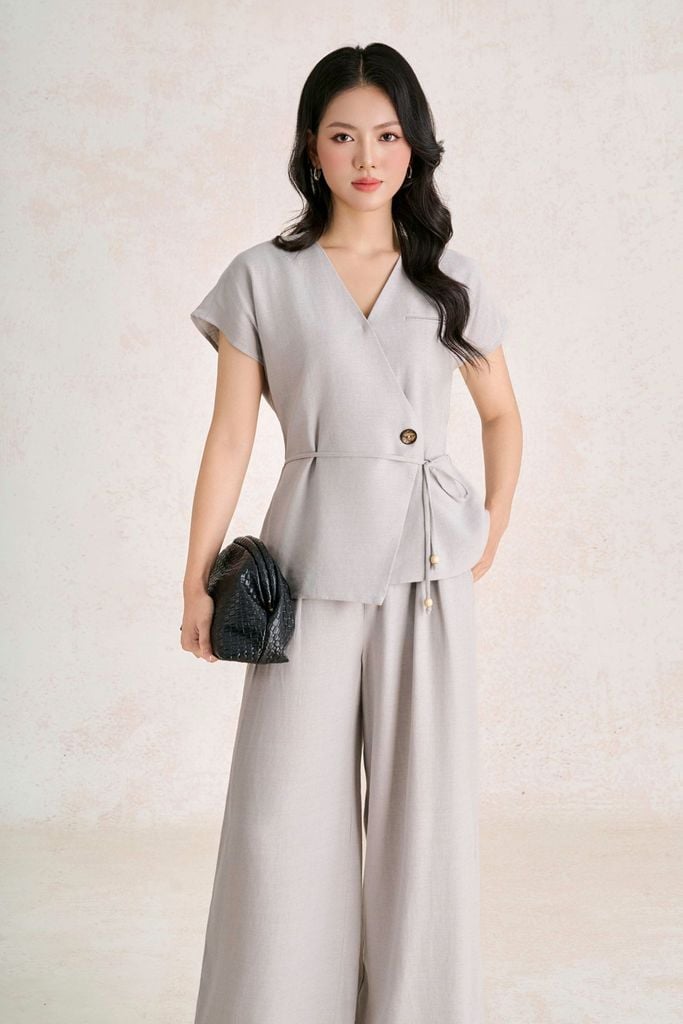 BQD33777 - Quần dài công sở vải thô đũi dáng suông ống rộng cạp phối chun thời trang - PANTIO