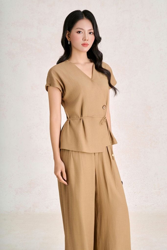 BQD33777 - Quần dài công sở vải thô đũi dáng suông ống rộng cạp phối chun thời trang - PANTIO
