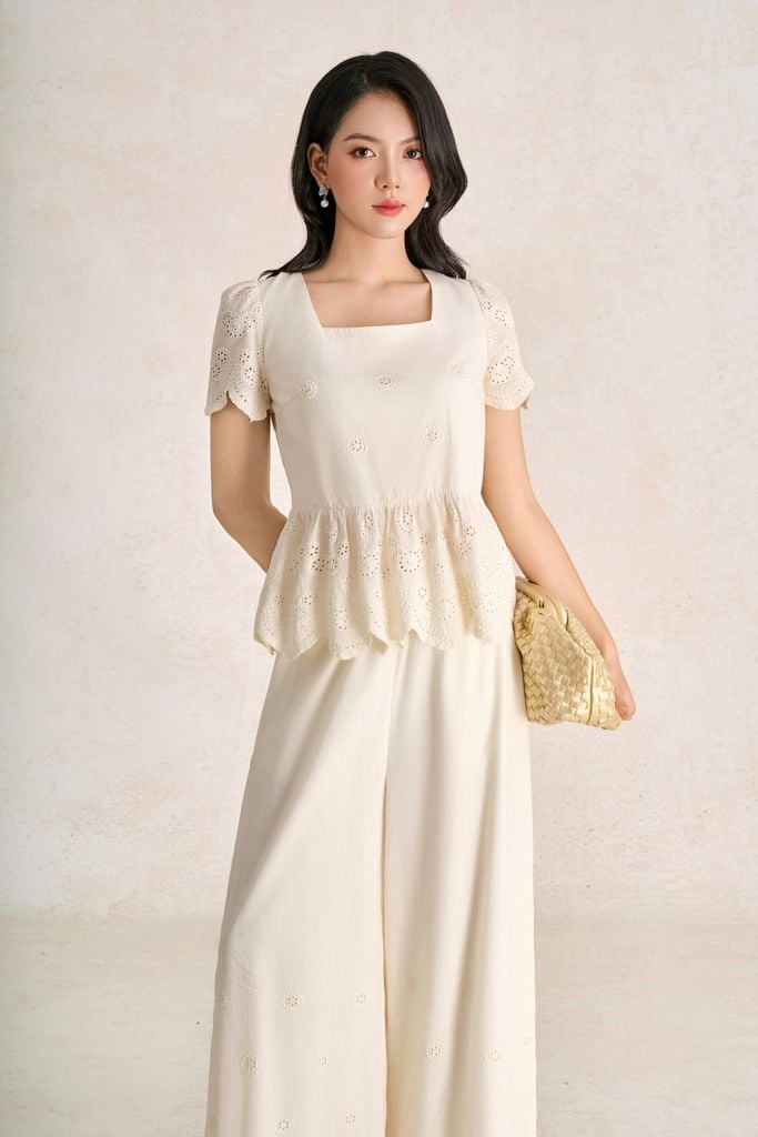 BAS33778 - Áo kiểu dạo phố vải tơ dáng suông cổ vuông gấu áo phối viền lưng phối dây thắt tạo kiểu - PANTIO