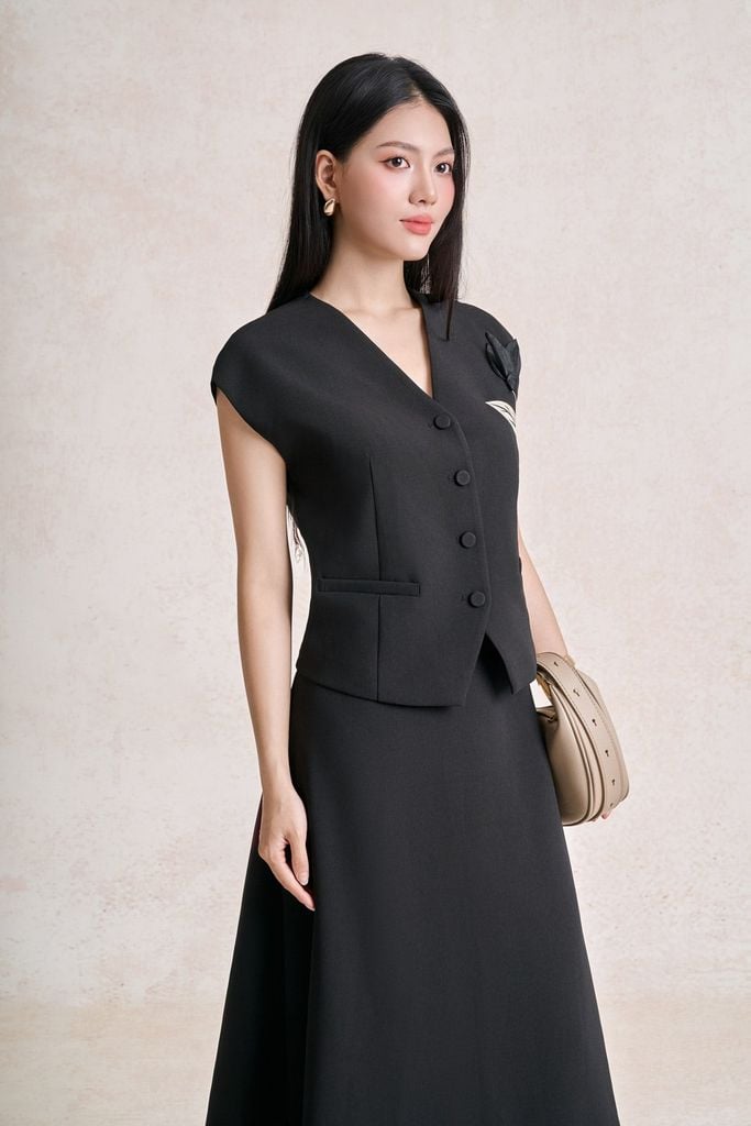 BAS33782 - tylekeo8888 công sở vải thô dáng ngắn cổ xẻ V tay chờm thân áo đính hoa 3D thời trang cài khuy trước - tỷ lệ kèo 8899