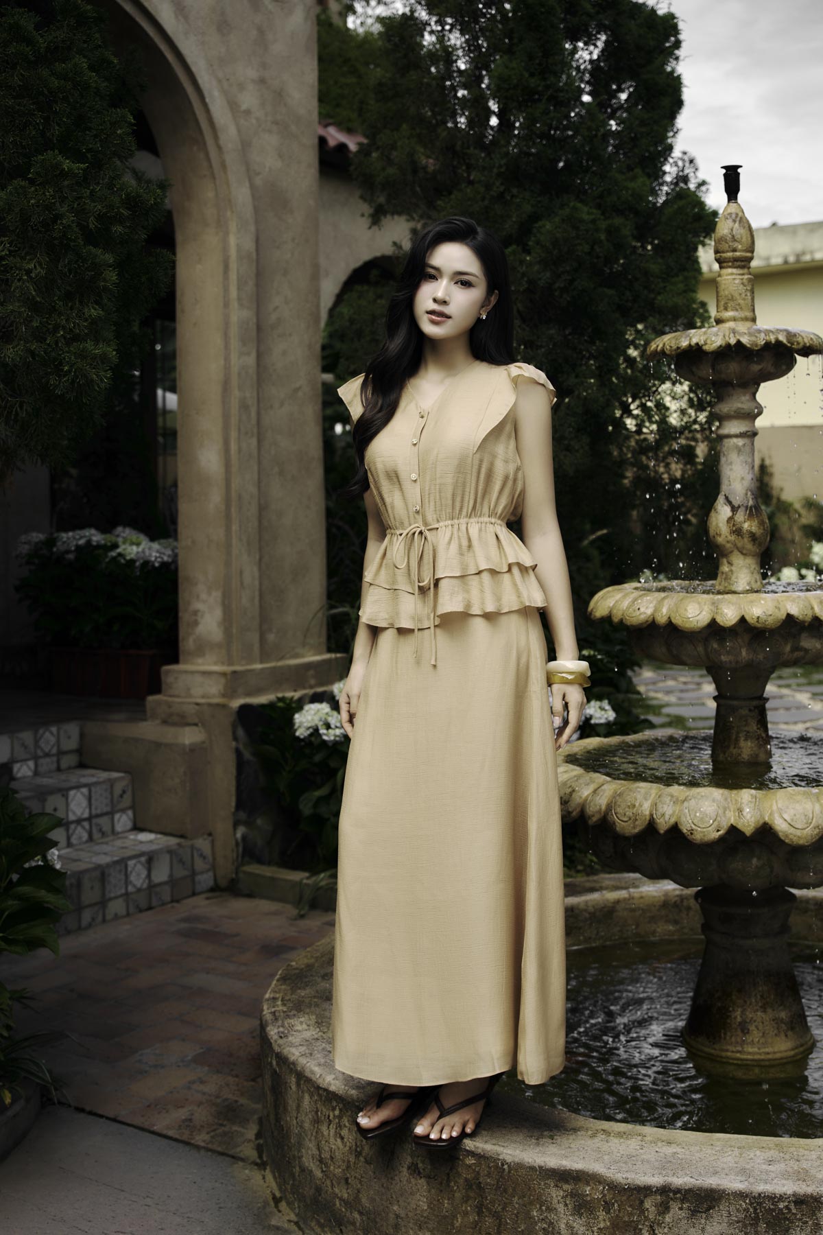 BAS33876 - Áo sơ mi dạo phố vải tơ dáng peplum cổ xẻ V tay chờm eo bo chun ôm phối dây nơ tạo kiểu - PANTIO