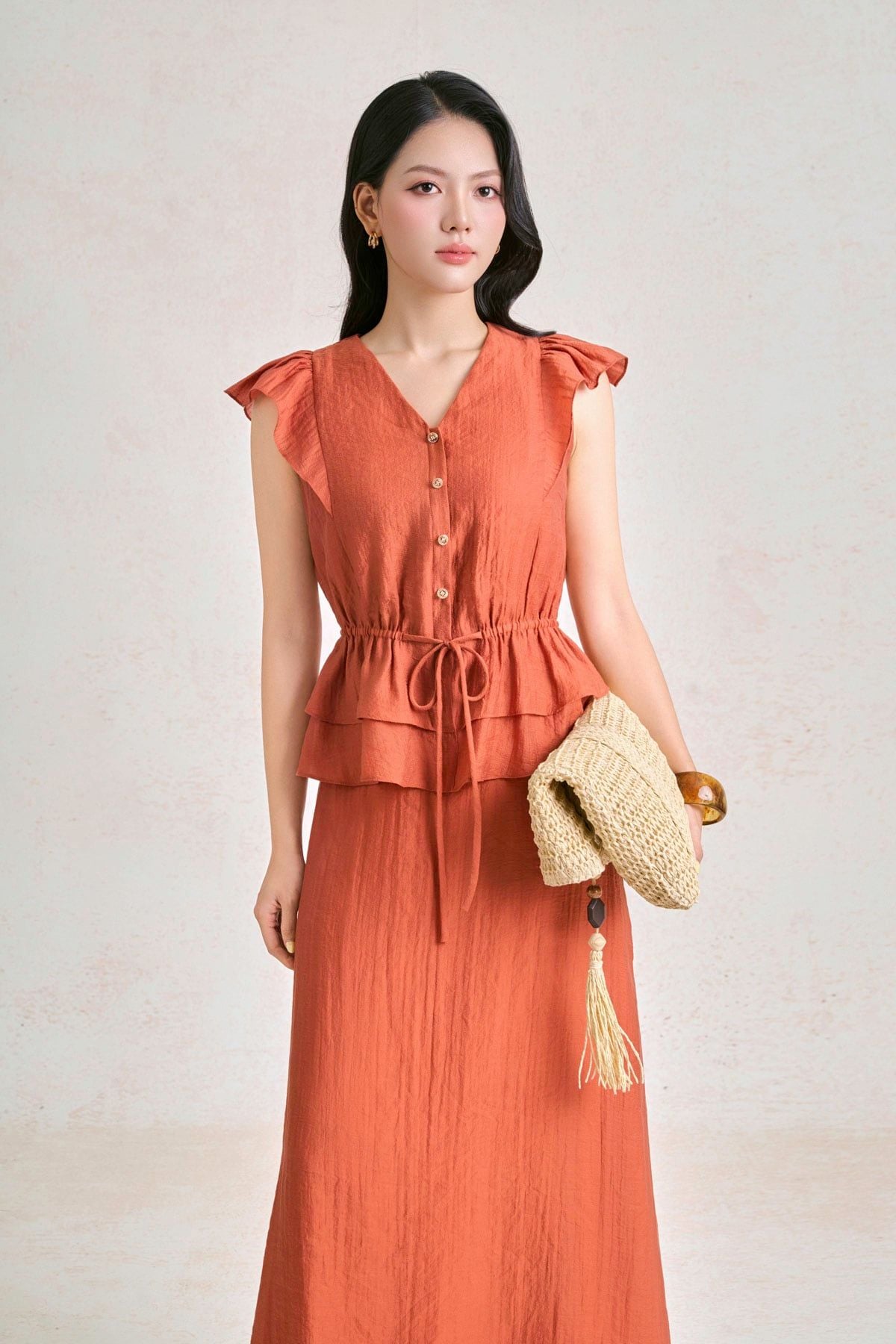 BAS33876 - Áo sơ mi dạo phố vải tơ dáng peplum cổ xẻ V tay chờm eo bo chun ôm phối dây nơ tạo kiểu - PANTIO
