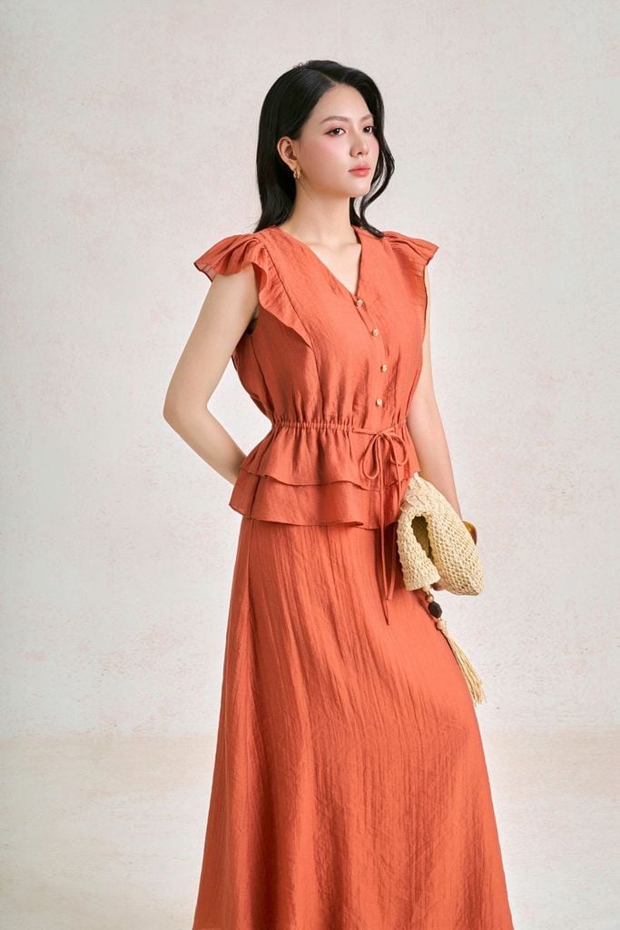 BAS33876 - Áo sơ mi dạo phố vải tơ dáng peplum cổ xẻ V tay chờm eo bo chun ôm phối dây nơ tạo kiểu - PANTIO