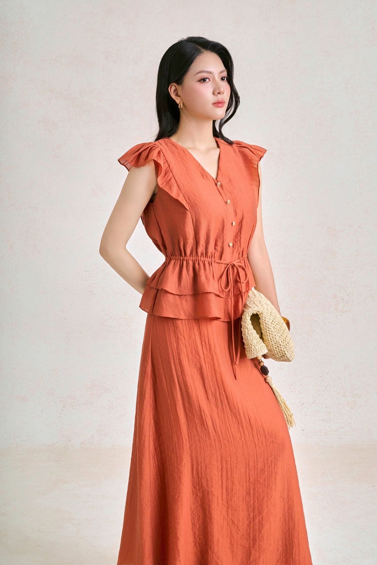 BAS33876 - Áo sơ mi dạo phố vải tơ dáng peplum cổ xẻ V tay chờm eo bo chun ôm phối dây nơ tạo kiểu - PANTIO