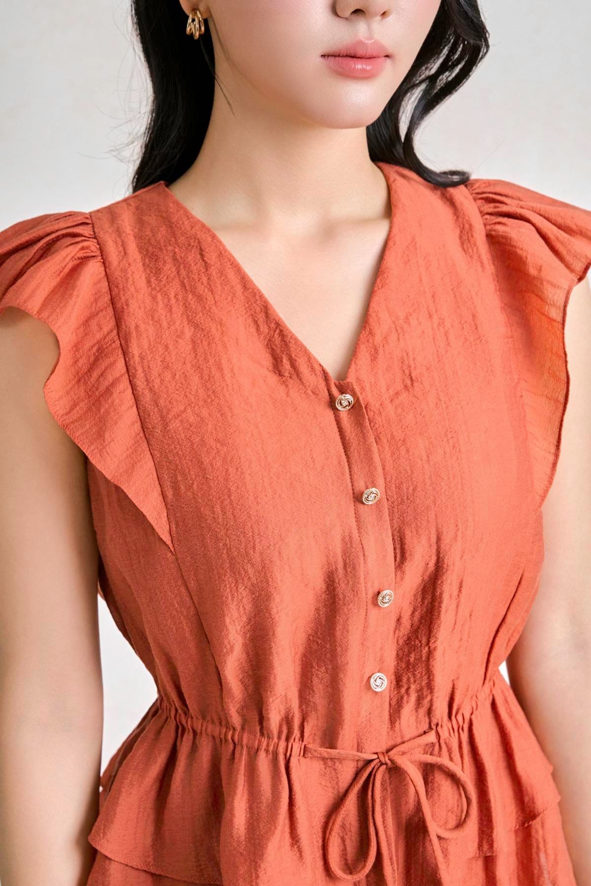 BAS33876 - Áo sơ mi dạo phố vải tơ dáng peplum cổ xẻ V tay chờm eo bo chun ôm phối dây nơ tạo kiểu - PANTIO