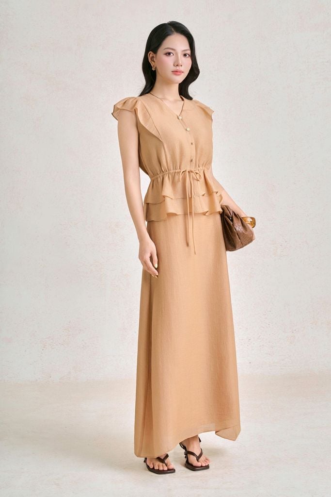 BAS33876 - Áo sơ mi dạo phố vải tơ dáng peplum cổ xẻ V tay chờm eo bo chun ôm phối dây nơ tạo kiểu - PANTIO
