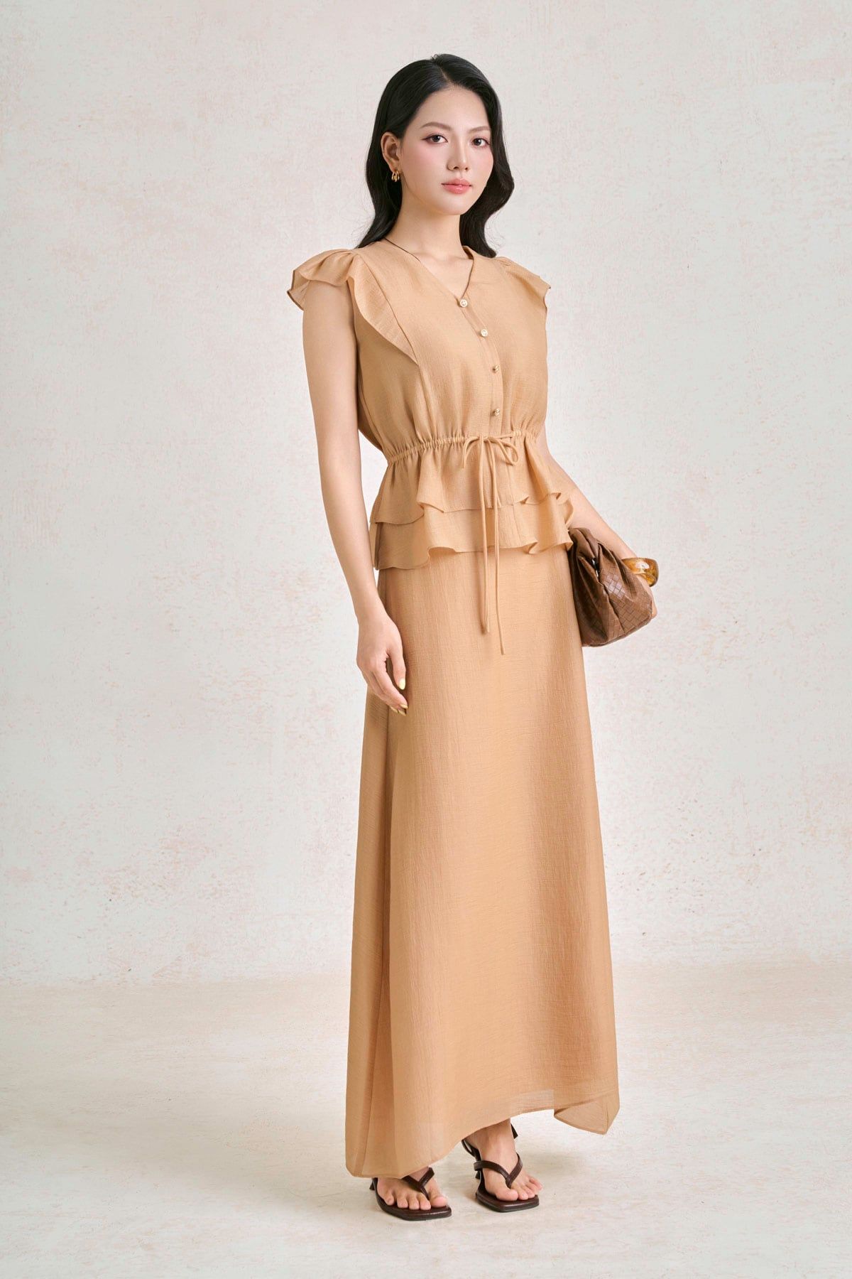 BAS33876 - Áo sơ mi dạo phố vải tơ dáng peplum cổ xẻ V tay chờm eo bo chun ôm phối dây nơ tạo kiểu - PANTIO