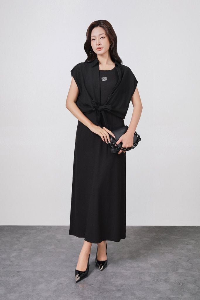 BAS73520 - Áo sơ mi kiểu vải thô mỏng dáng suông cổ bẻ thân áo phối vạt thắt nơ tạo kiểu - PANTIO