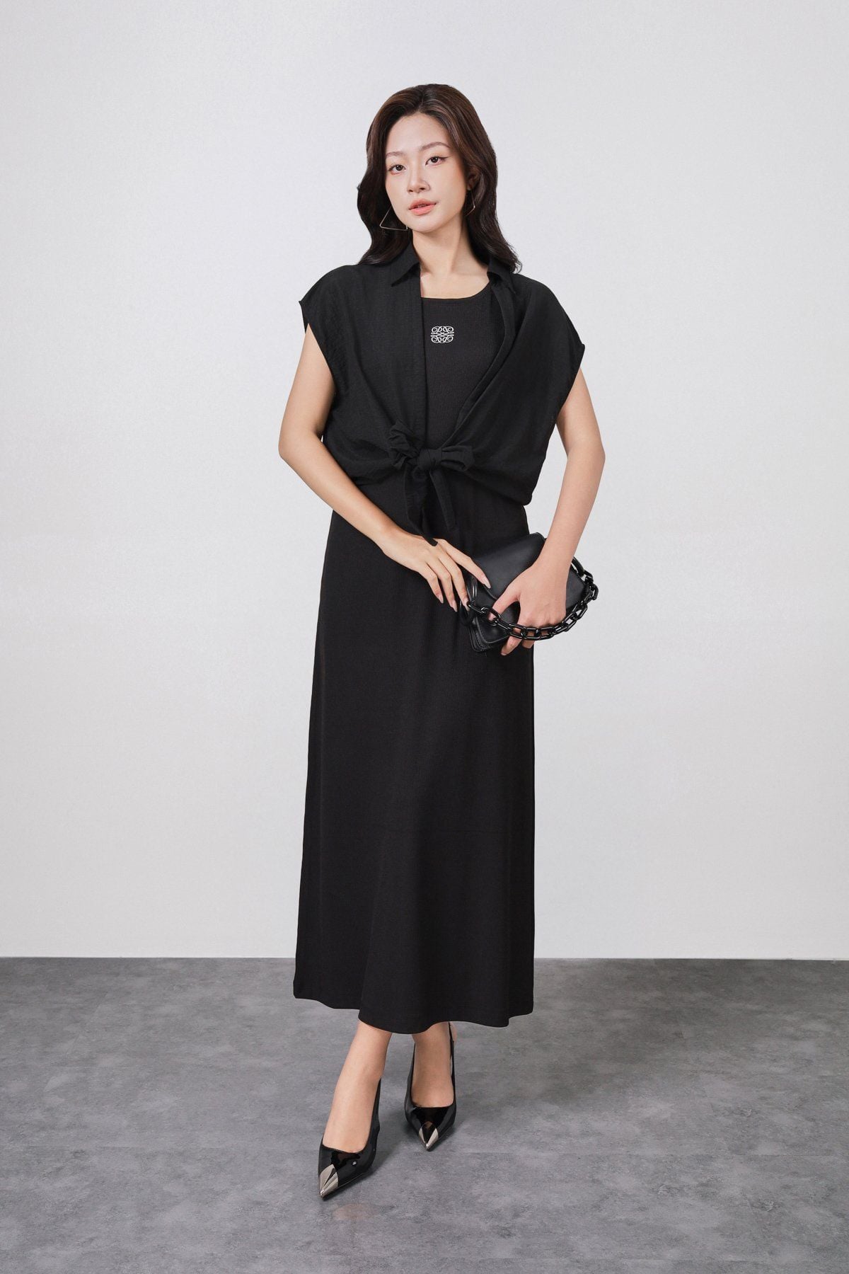 BAS73520 - Áo sơ mi kiểu vải thô mỏng dáng suông cổ bẻ thân áo phối vạt thắt nơ tạo kiểu - PANTIO