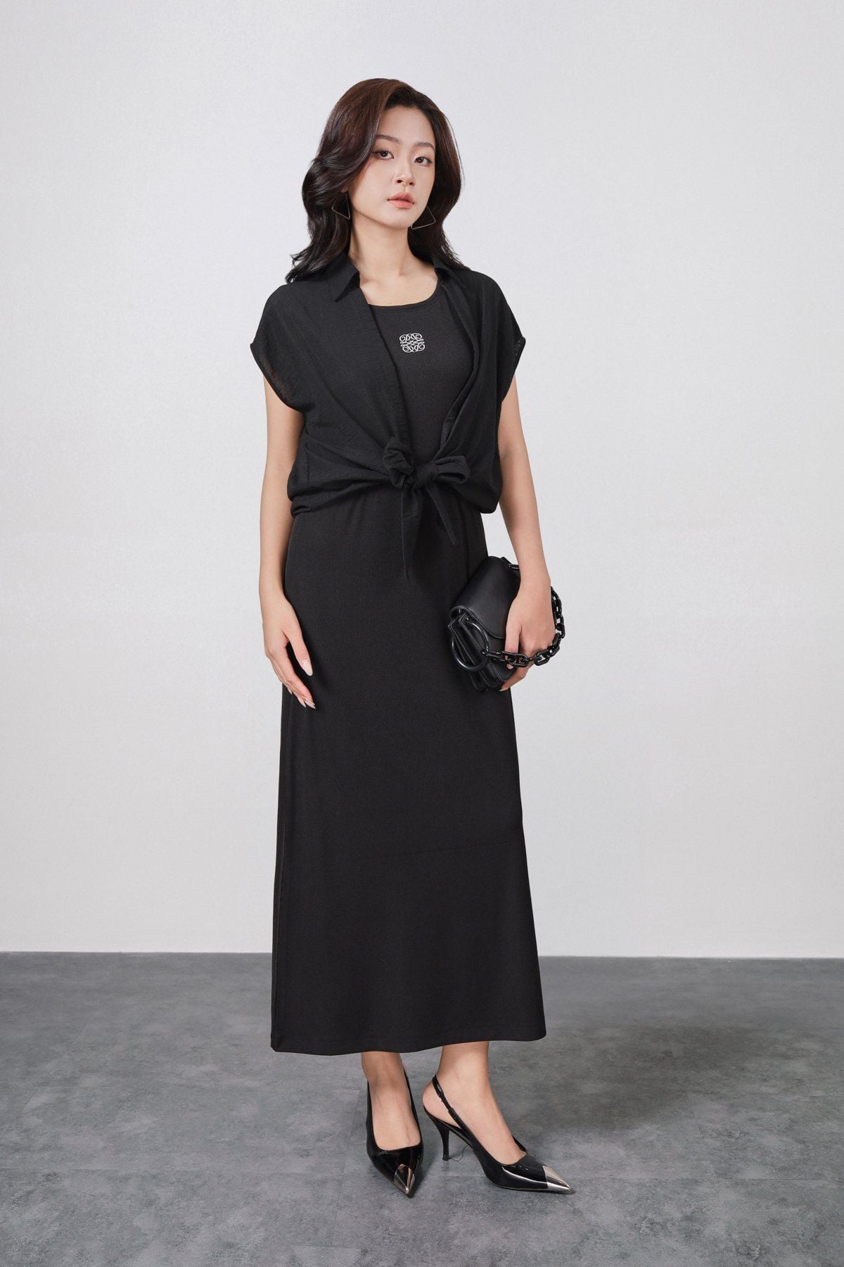 BAS73520 - Áo sơ mi kiểu vải thô mỏng dáng suông cổ bẻ thân áo phối vạt thắt nơ tạo kiểu - PANTIO