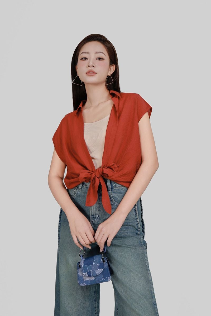 BAS73520 - Áo sơ mi kiểu vải thô mỏng dáng suông cổ bẻ thân áo phối vạt thắt nơ tạo kiểu - PANTIO