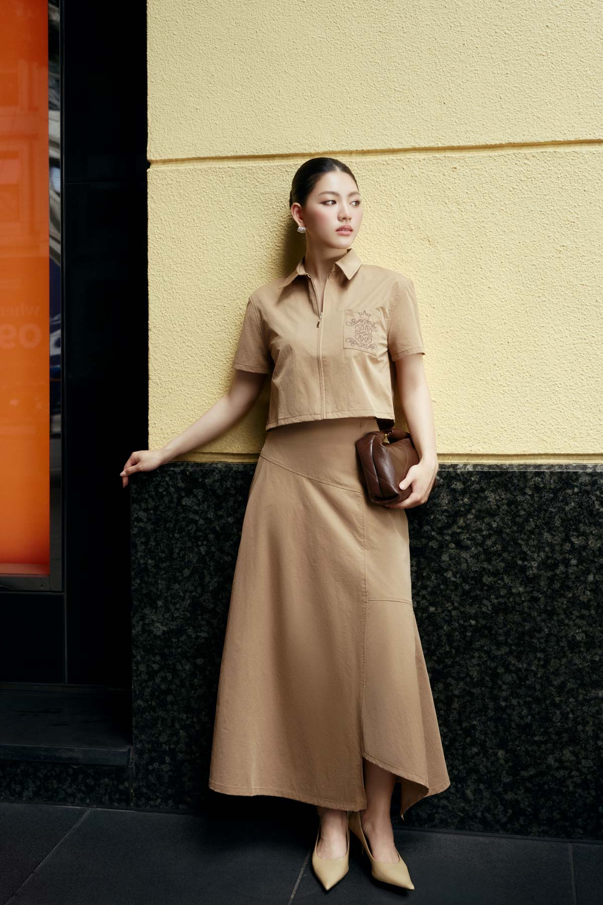 BJD73538 - Chân váy dài dạo phố vải thô mỏng dáng chữ A cạp liền có túi khoá thân sau - PANTIO