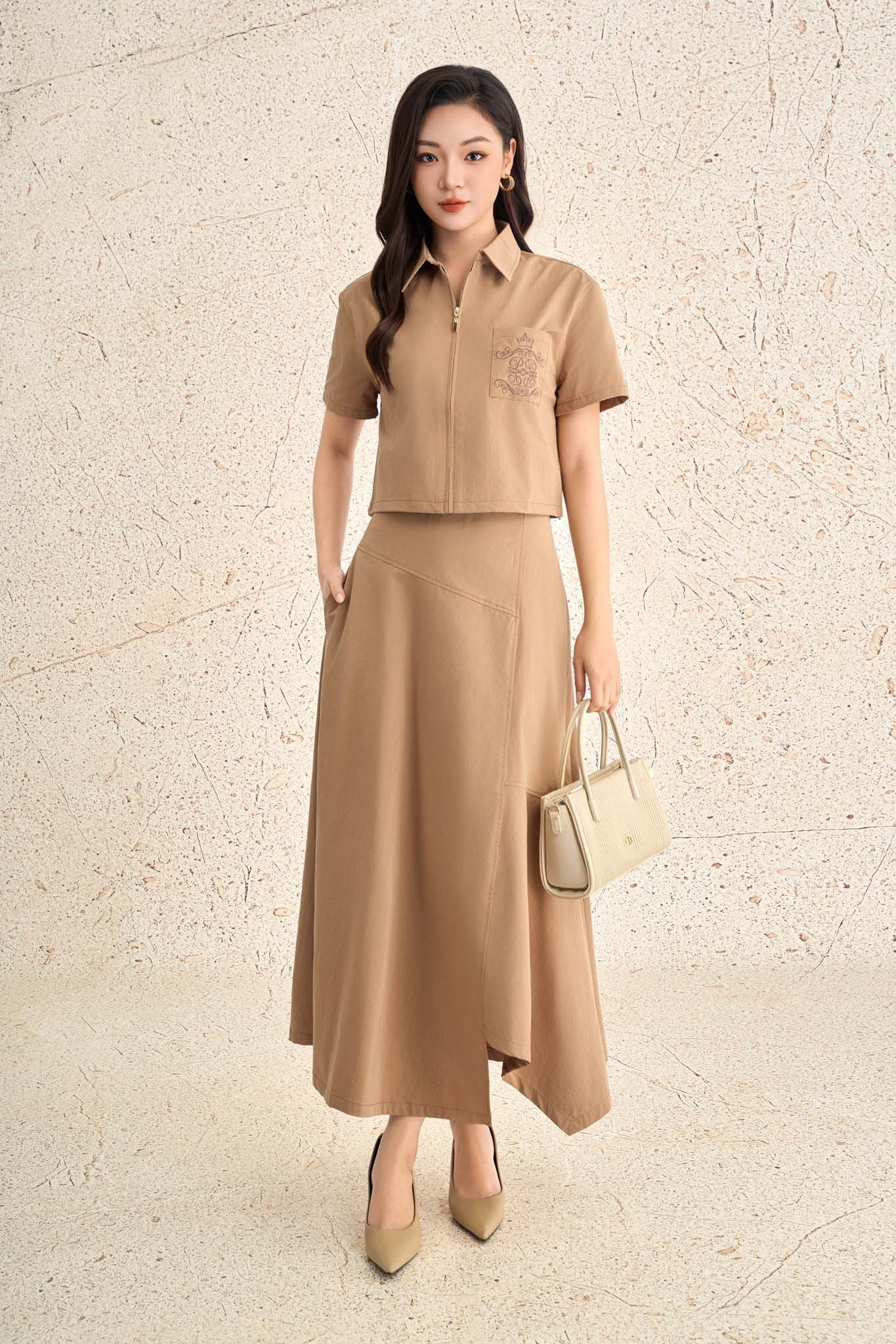 BJD73538 - Chân váy dài dạo phố vải thô mỏng dáng chữ A cạp liền có túi khoá thân sau - PANTIO