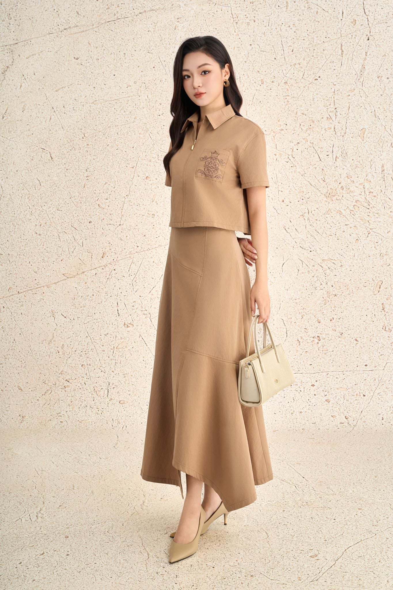 BJD73538 - Chân váy dài dạo phố vải thô mỏng dáng chữ A cạp liền có túi khoá thân sau - PANTIO