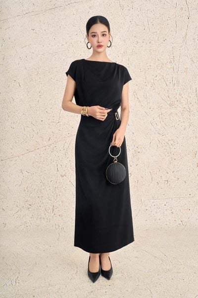 BJD73554 - Chân váy dài công sở vải lụa dáng suông cạp cao xếp nhún phối phụ kiện kim loại tạo kiểu - PANTIO