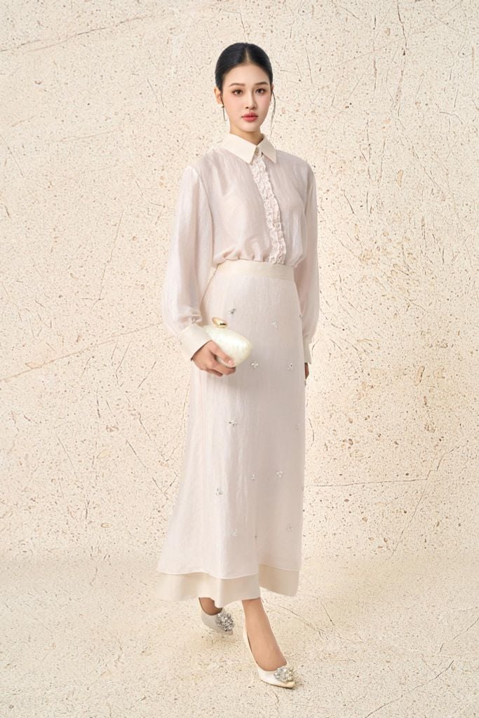 BJD73582 - Chân váy dài công sở vải tơ dáng suông cạp liền thân váy đính dad cao cấp tạo kiểu khoá thân sau - PANTIO