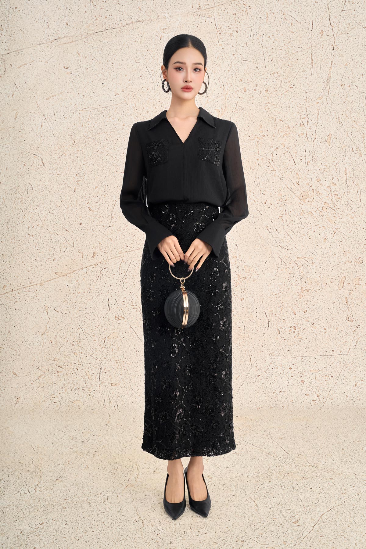 BJD73601 - Chân váy dài công sở vải ren hoa dáng suông cạp liền xẻ tà sau - PANTIO