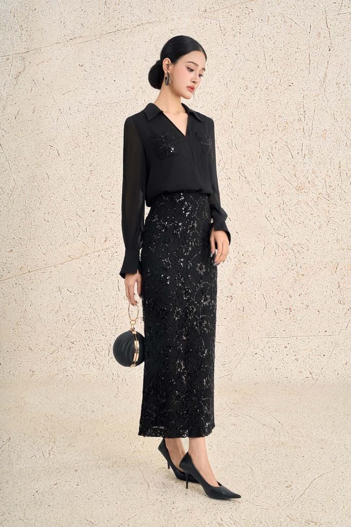 BAS73601 - Áo sơ mi công sở vải toe nhăn dáng suông cổ bẻ xẻ V tay dài ngực áo có túi phối ren hoa thời trang - PANTIO