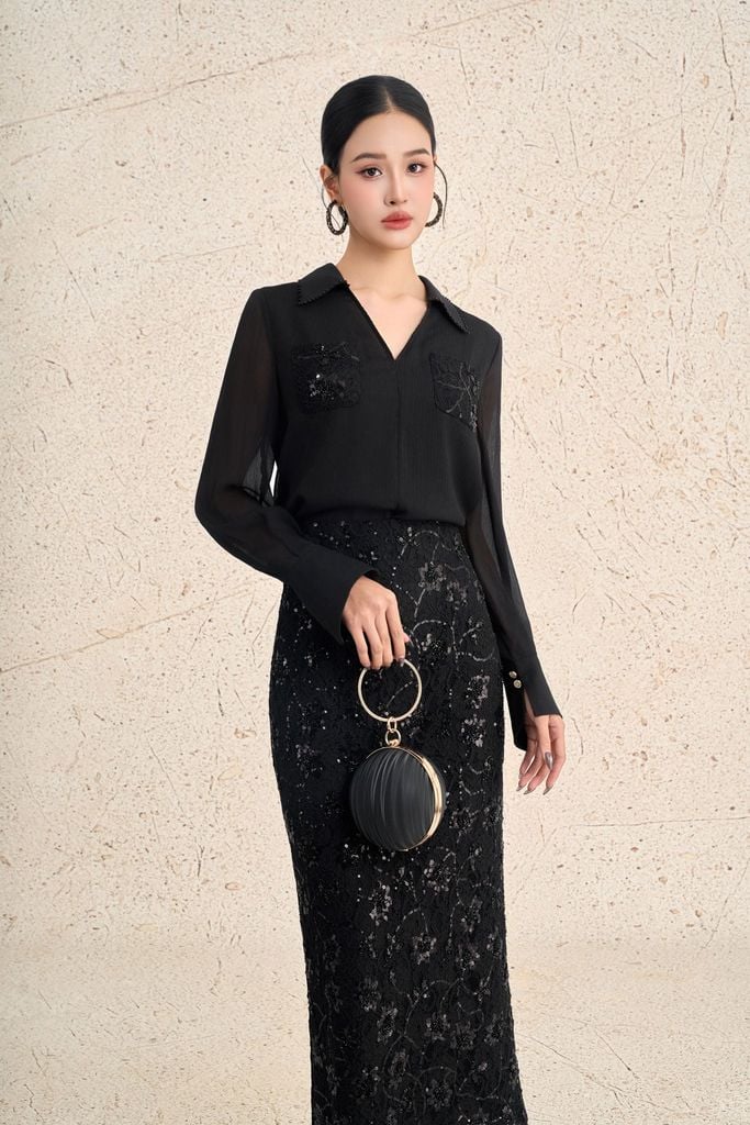 BAS73601 - Áo sơ mi công sở vải toe nhăn dáng suông cổ bẻ xẻ V tay dài ngực áo có túi phối ren hoa thời trang - PANTIO