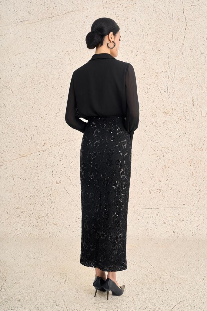 BJD73601 - Chân váy dài công sở vải ren hoa dáng suông cạp liền xẻ tà sau - PANTIO