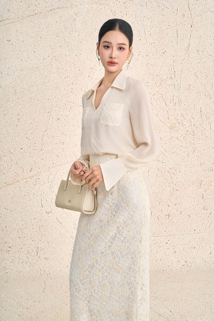 BJD73601 - Chân váy dài công sở vải ren hoa dáng suông cạp liền xẻ tà sau - PANTIO