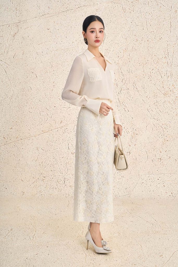 BAS73601 - Áo sơ mi công sở vải toe nhăn dáng suông cổ bẻ xẻ V tay dài ngực áo có túi phối ren hoa thời trang - PANTIO