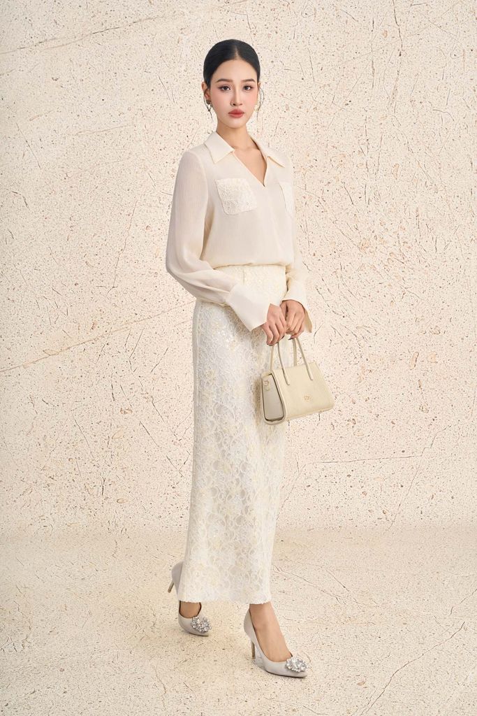 BJD73601 - Chân váy dài công sở vải ren hoa dáng suông cạp liền xẻ tà sau - PANTIO