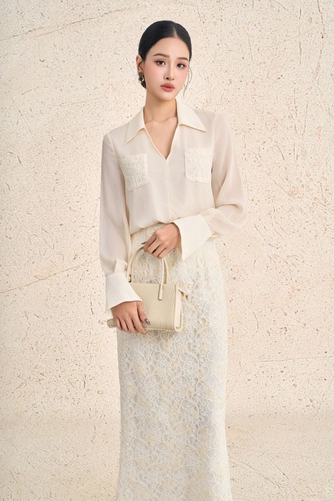 BAS73601 - Áo sơ mi công sở vải toe nhăn dáng suông cổ bẻ xẻ V tay dài ngực áo có túi phối ren hoa thời trang - PANTIO