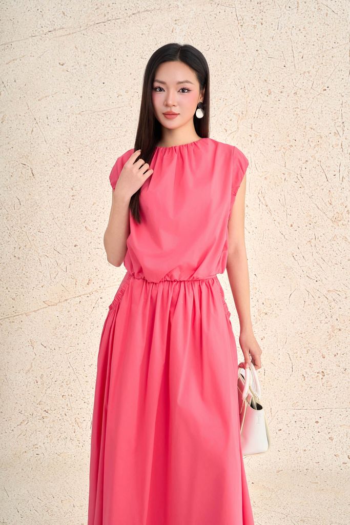 BAS73647 - Áo sơ mi kiểu dạo phố vải thô kate dáng ngắn cổ tròn tay chờm gấu áo bo chun thời trang - PANTIO