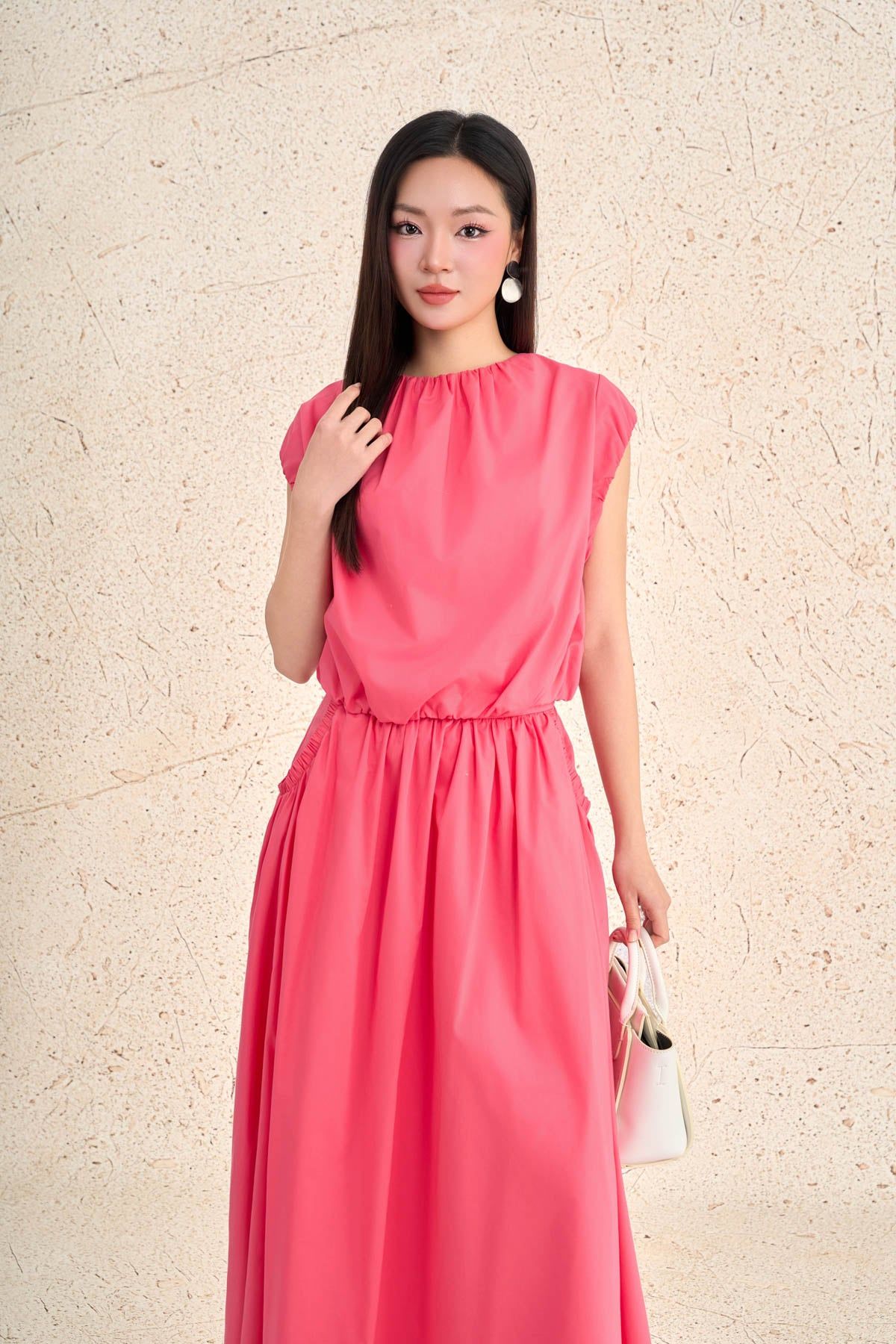 BAS73647 - Áo sơ mi kiểu dạo phố vải thô kate dáng ngắn cổ tròn tay chờm gấu áo bo chun thời trang - PANTIO