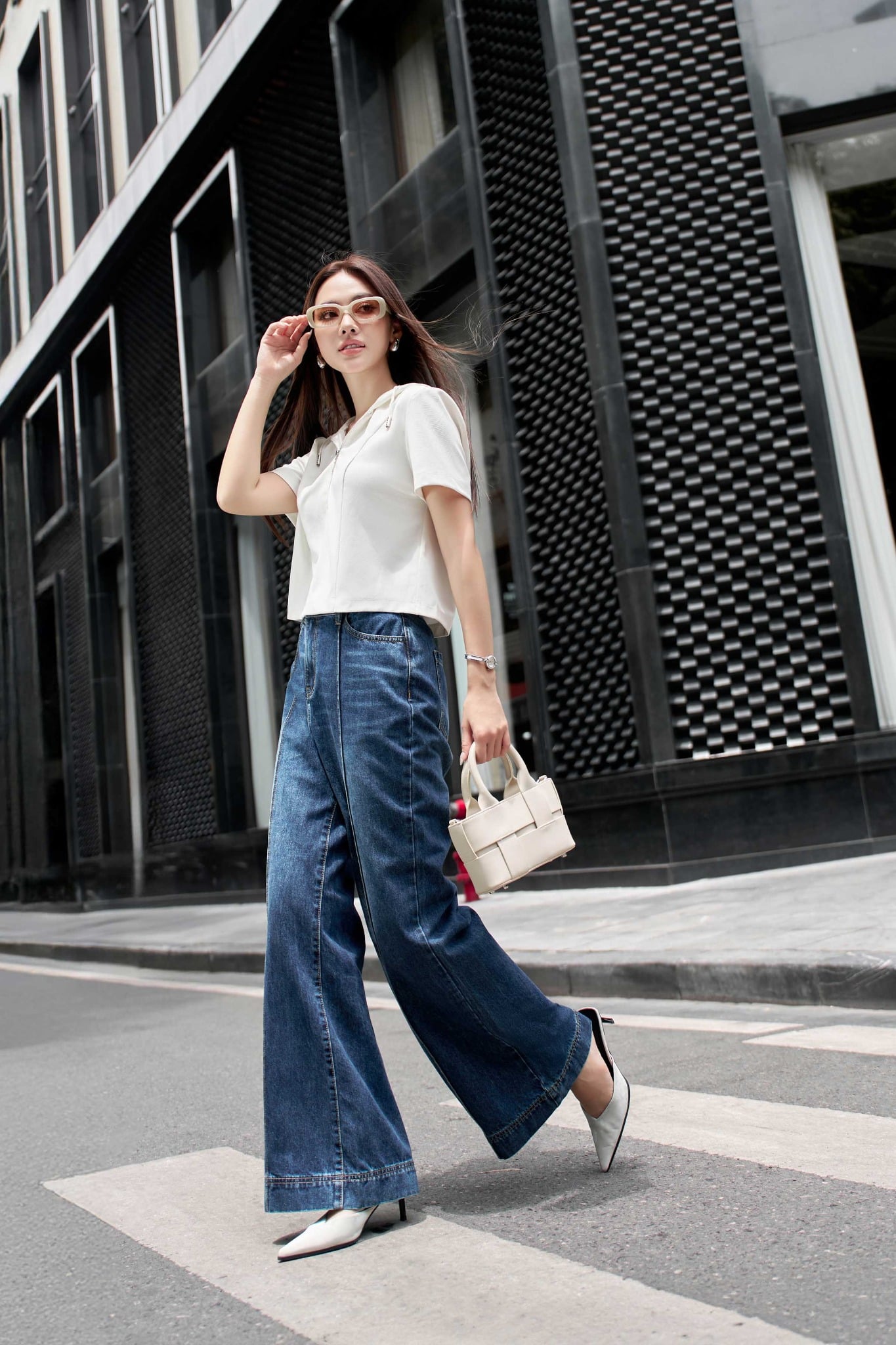 BQB169 - Quần jean dạo phố vải denim dáng suông ống rộng phối đường gân tạo kiểu - PANTIO